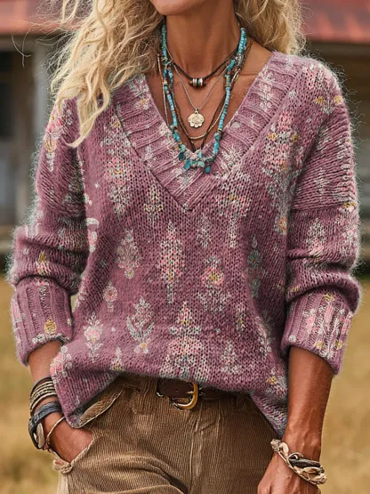 Unisex Retro Floral Art Print Casual Long-Sleeve V-Neck Wool Blend Knit Sweater