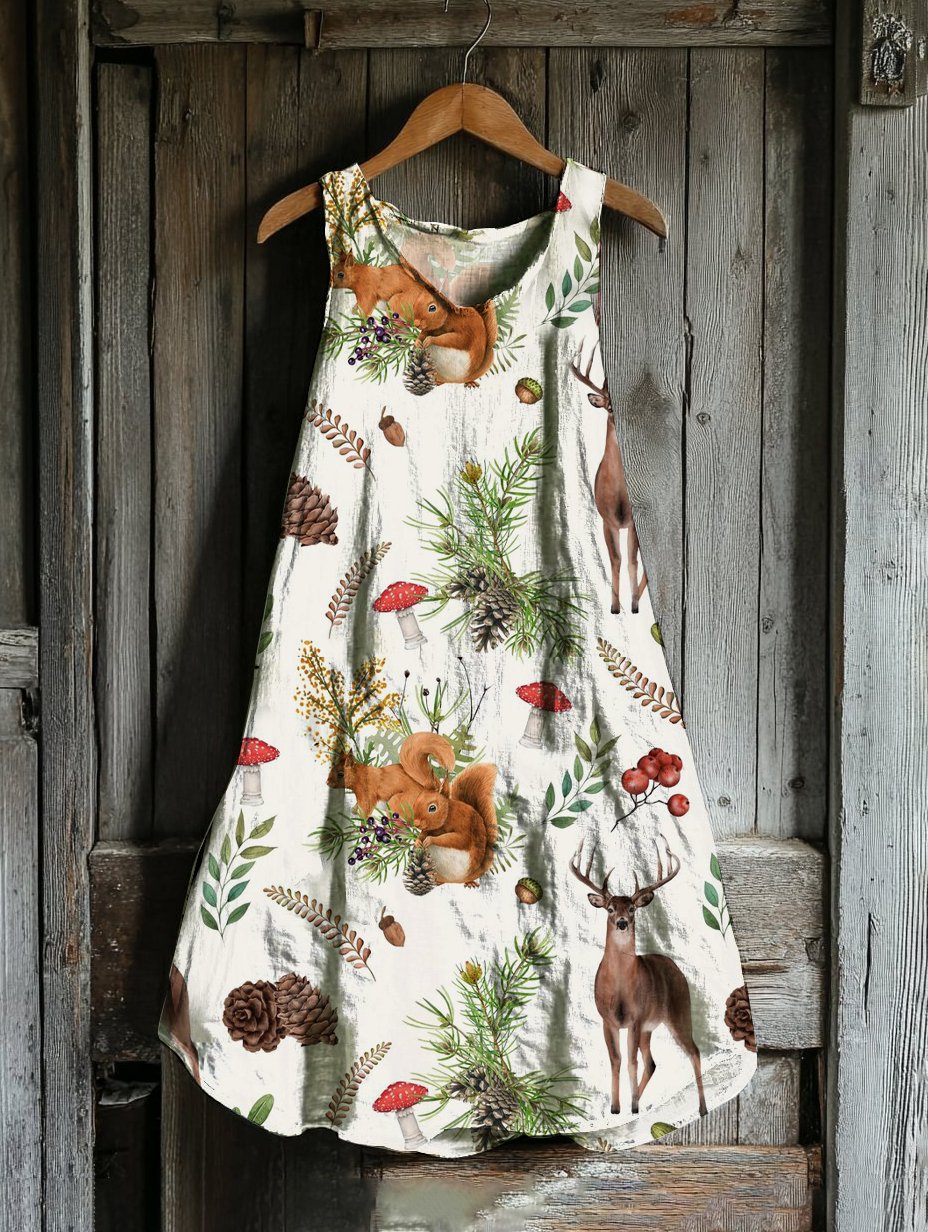 Women's Casual Forest Plant Animal Cotton And Linen Dress