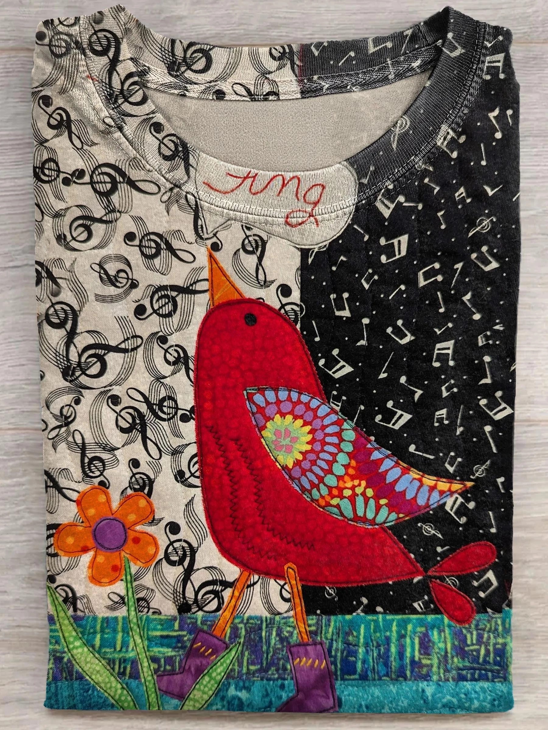 Bird With Music Art Print Casual Short Sleeve T-shirt