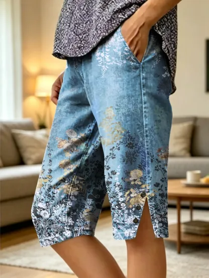 Women's Floral Pattern Art Print Casual Five-point Jeans With Pockets