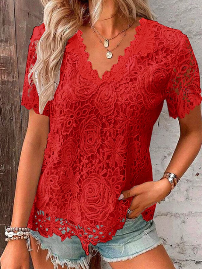 Women's Breast Cancer Pink V-Neck Elegant Lace Top Short Sleeve T-Shirt