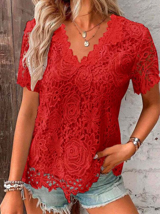 Women's Breast Cancer Pink V-Neck Elegant Lace Top Short Sleeve T-Shirt