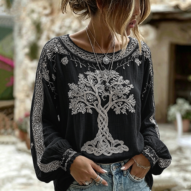 Women's Retro Viking Tree Of Life Pattern Casual Linen Blend T-shirt