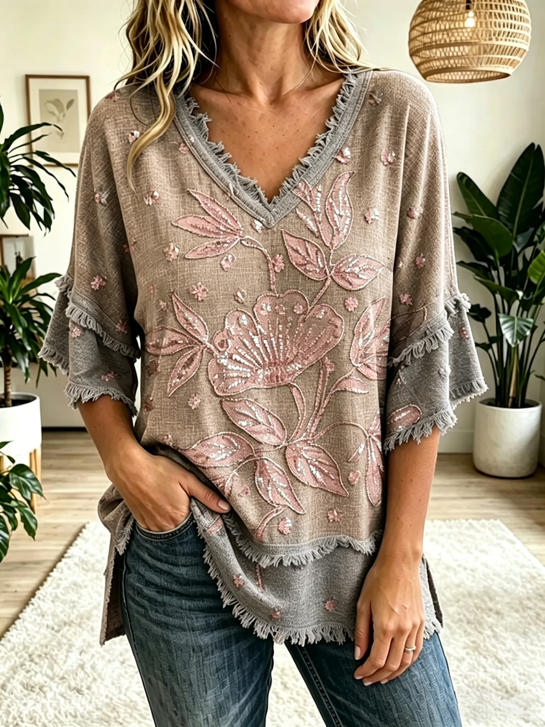 Women's Vintage Folk Floral Art Print V-Neck Tasseled Cotton Top