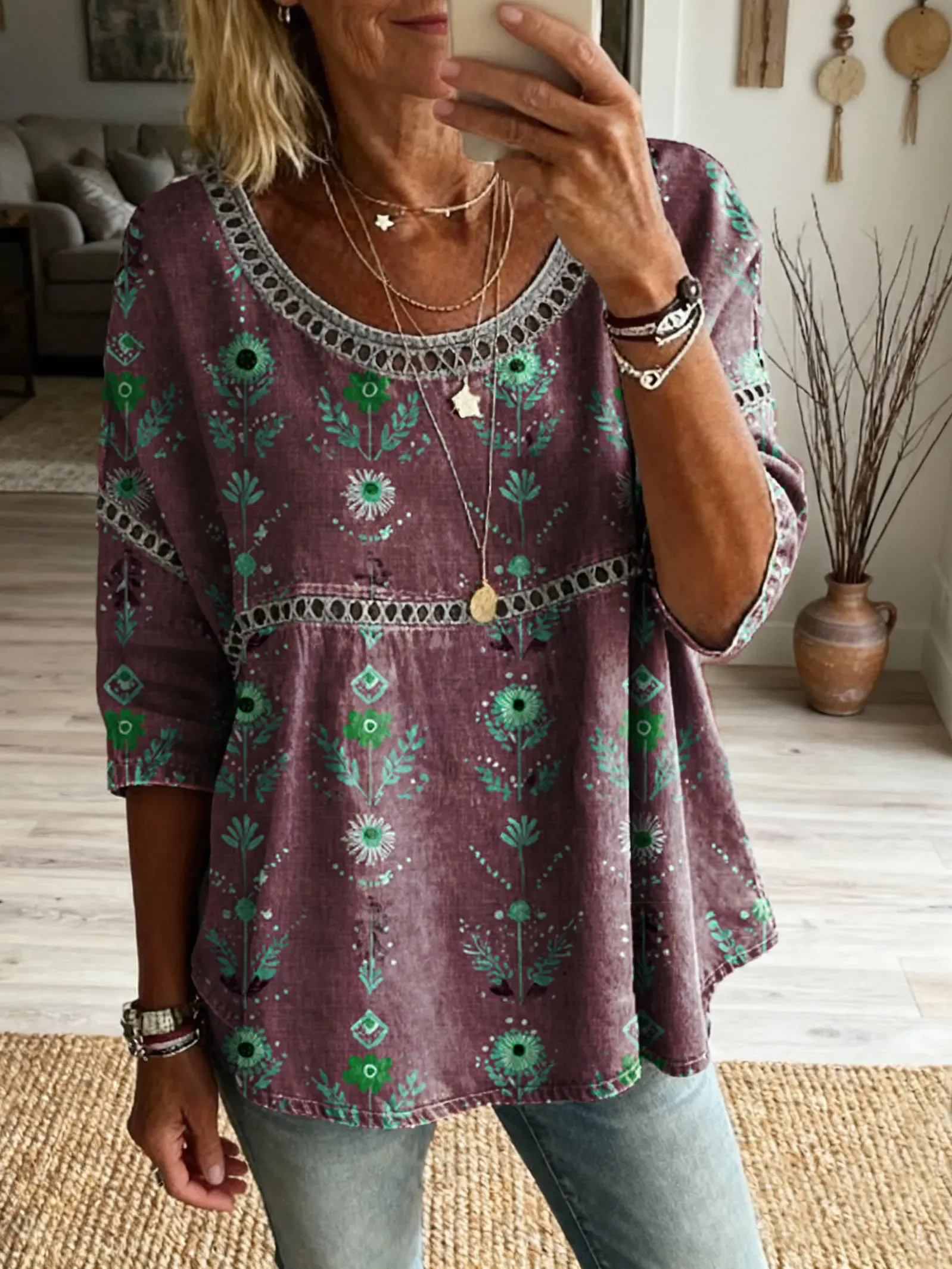 Women's Floral Pattern Art Print Casual Round Neck Lace-up Top