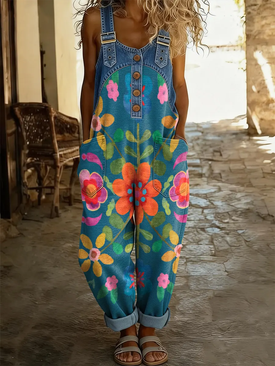 Women's Boho Floral Art Print Patchwork Denim Overalls
