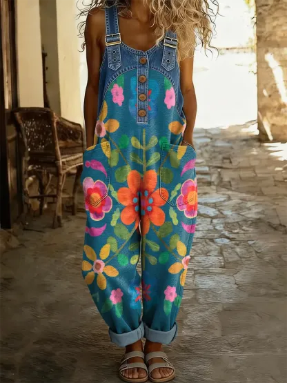 Women's Boho Floral Art Print Patchwork Denim Overalls