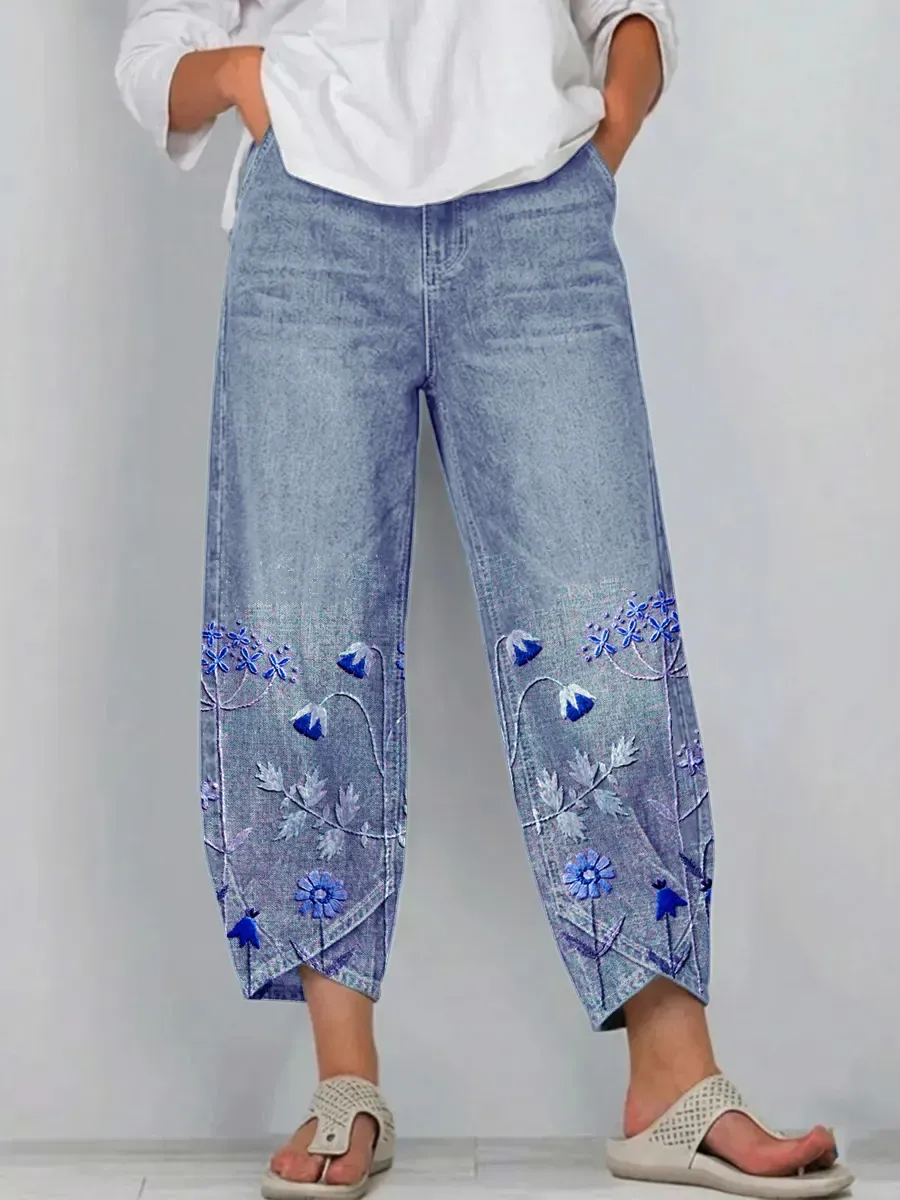 Ethnicity Bohemia Flowers Women's Art Pattern Print Casual Denim Cotton Pants