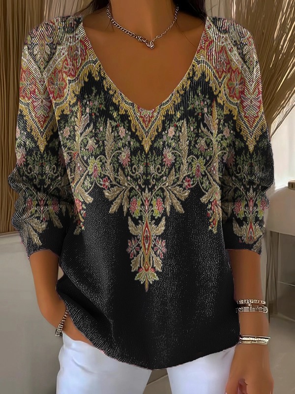 Women's Ethnic Totem Flowers Art Print Casual V Neck Pullover Sweater