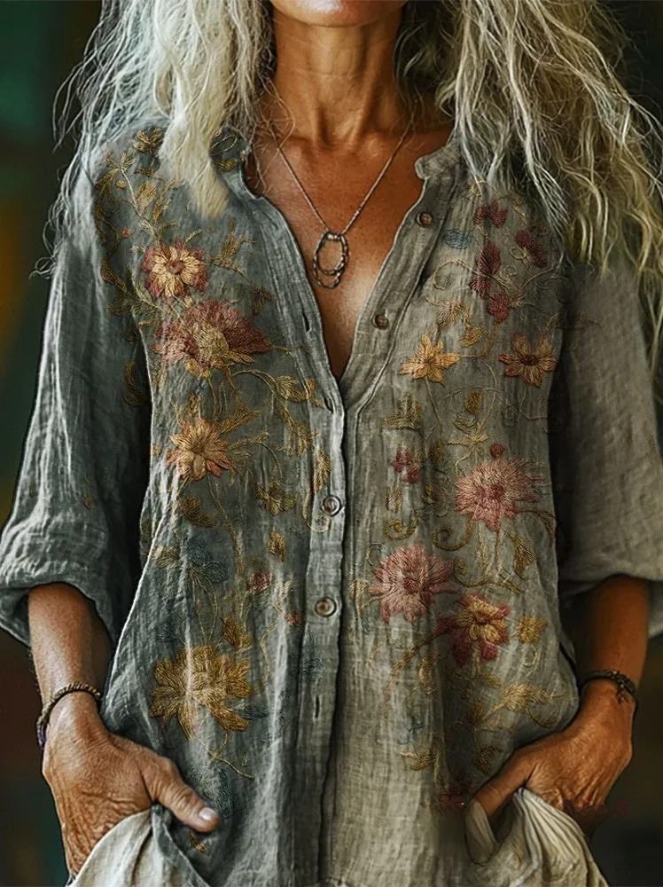 Women's Gradual Ethnic Flowers Art Print Casual Cotton Linen Shirt