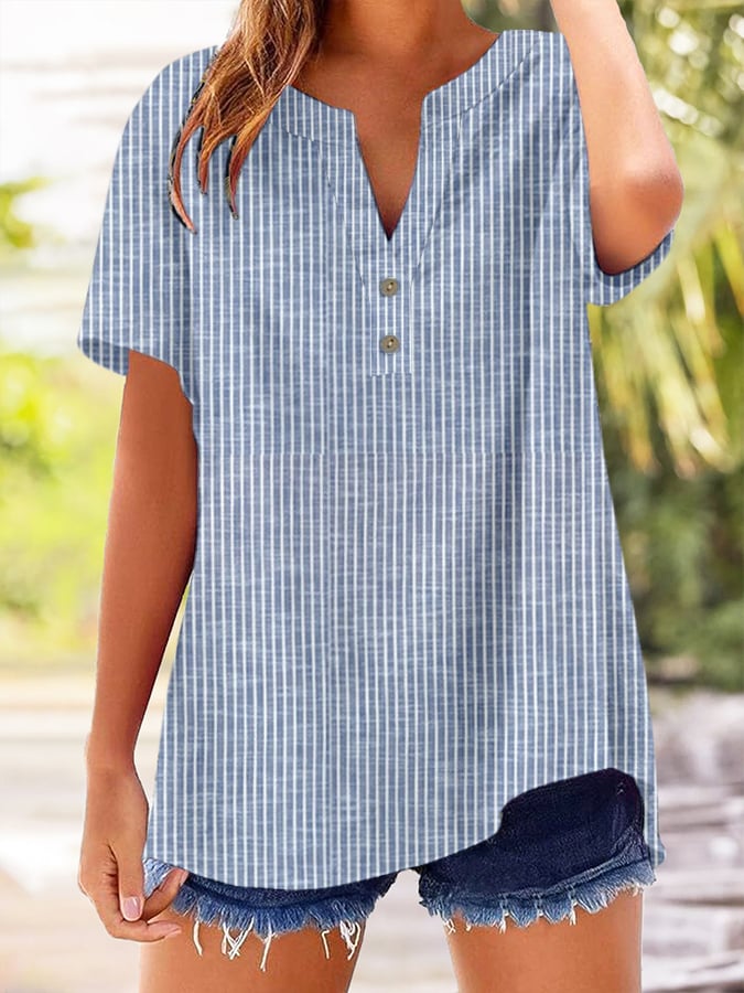 Women's Retro Striped Button Design V-Neck Short Sleeve Shirt