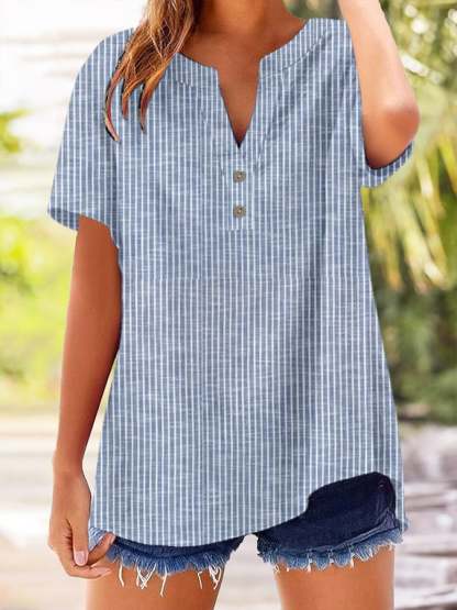 Women's Retro Striped Button Design V-Neck Short Sleeve Shirt