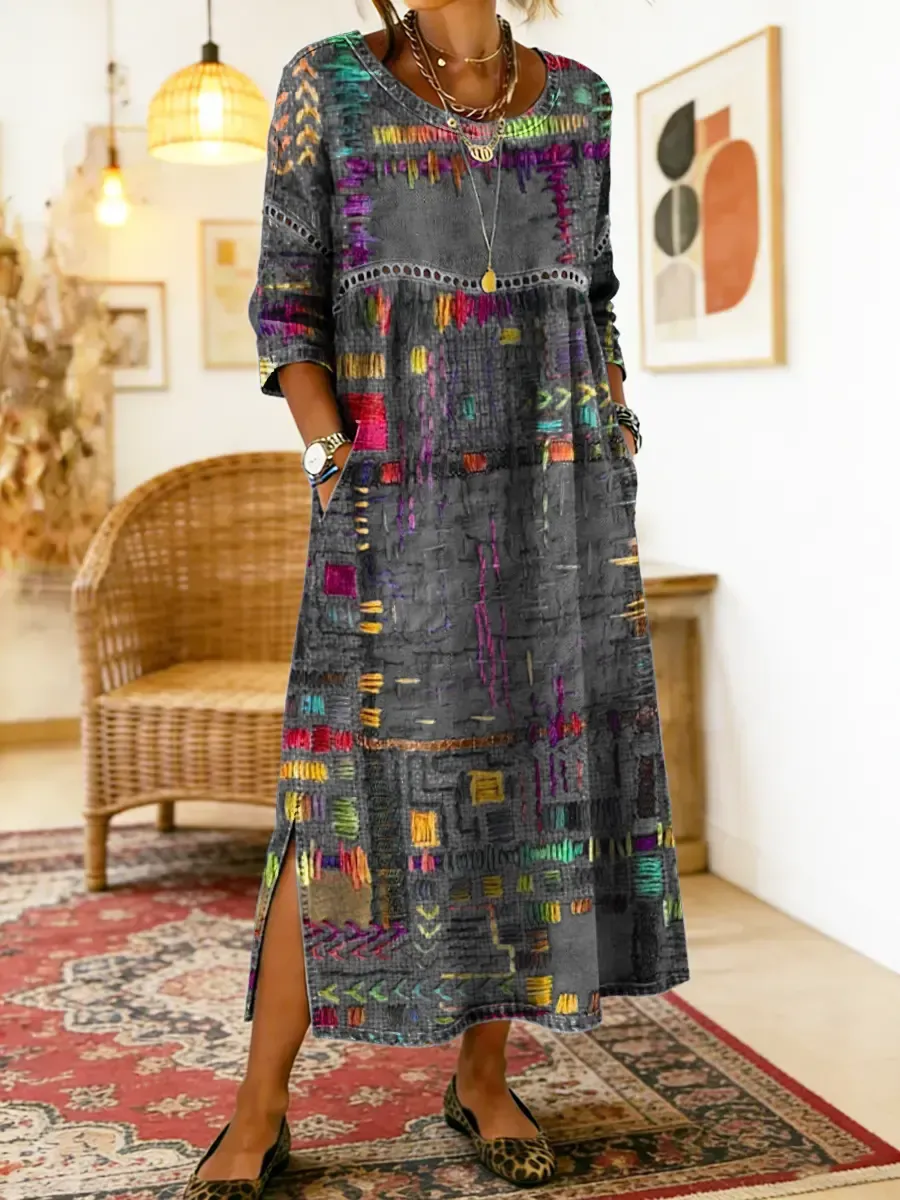 Women's Ethnic Patchwork Printed Cotton Denim Dress with Lace Trim