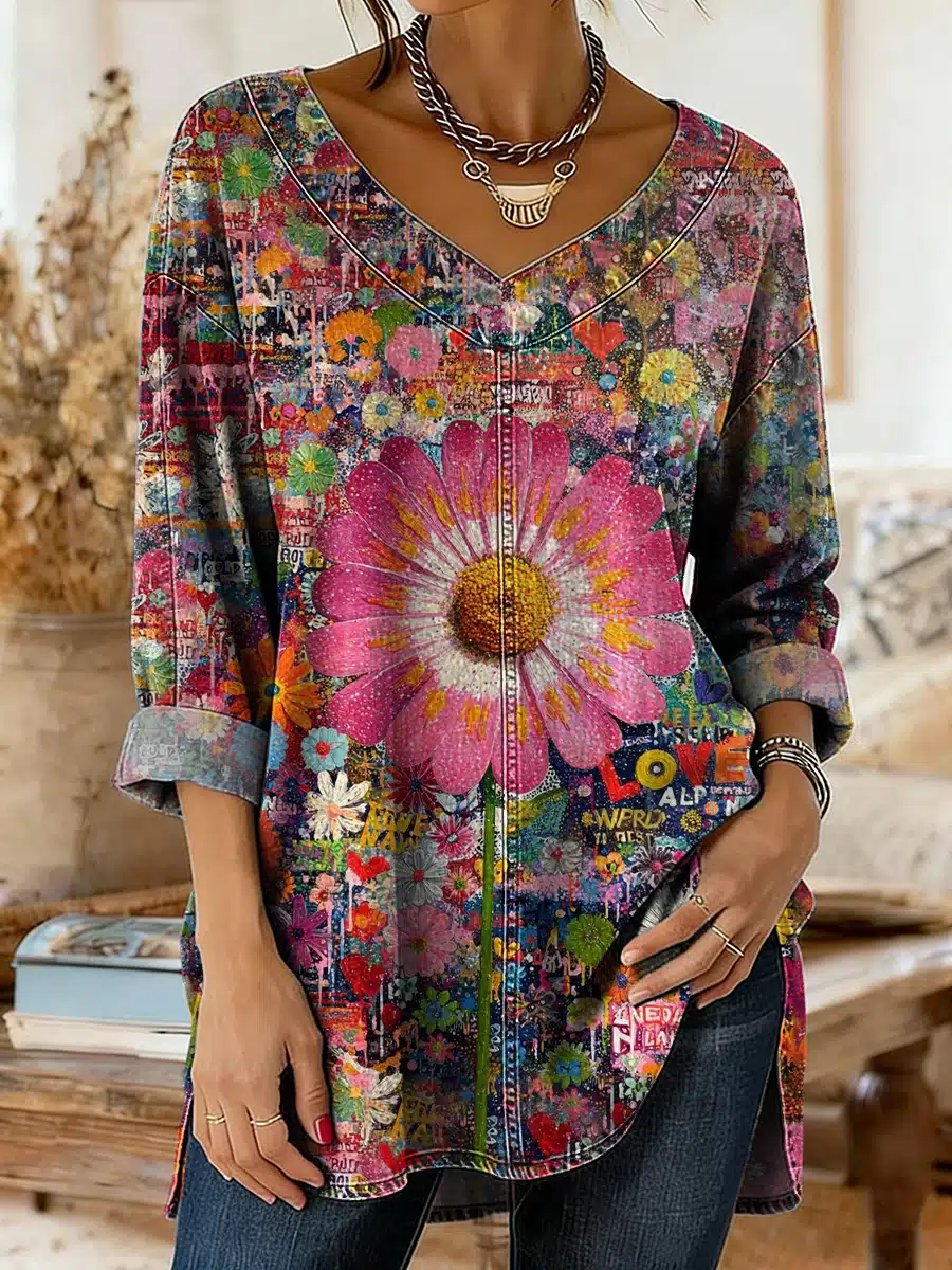 Women's Colorful Floral Art Print Washed Denim Cotton Top