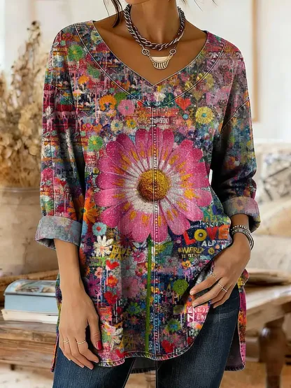 Women's Colorful Floral Art Print Washed Denim Cotton Top