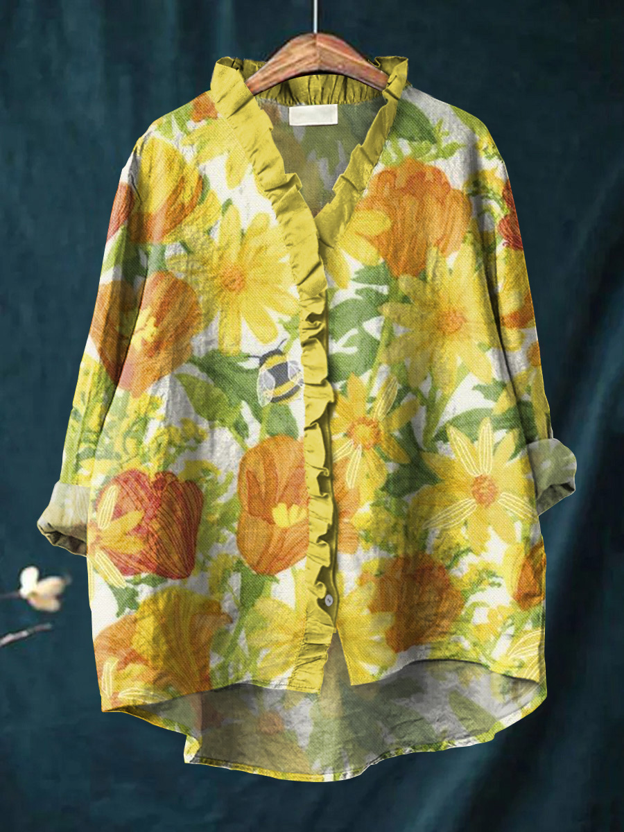 Women's Bright Large Yellow Floral Painting Art Print Casual Cotton And Linen Ruffle Shirt