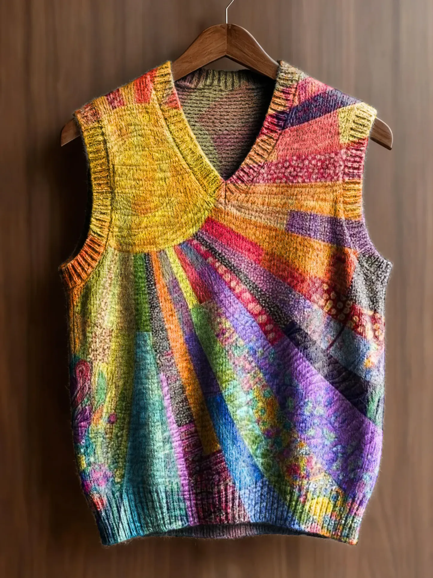 Women's Bohemian Multi-Color Patchwork Sun Pattern Art Print Casual V-