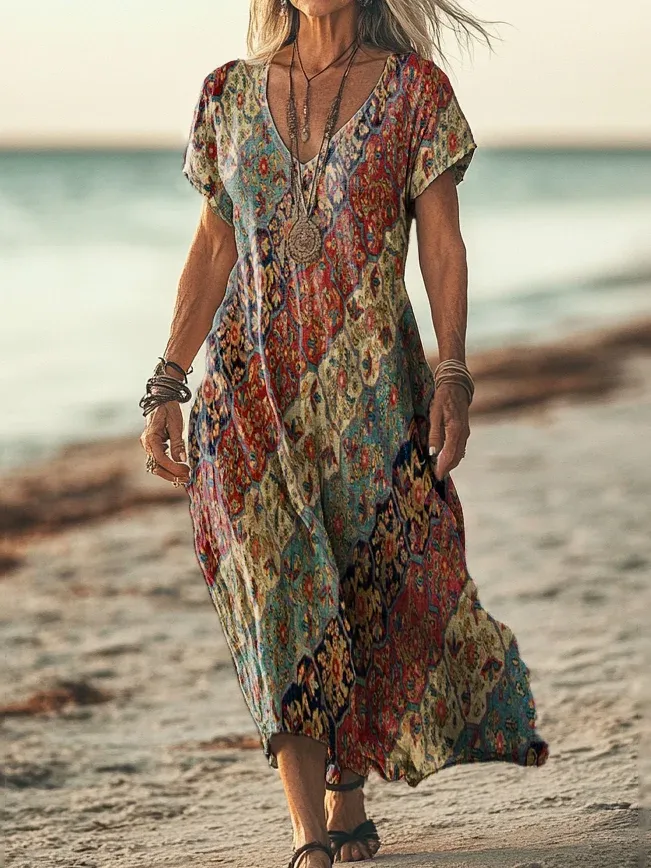 Women's Retro Colorful Floral Art Print Pocket Cotton Dress