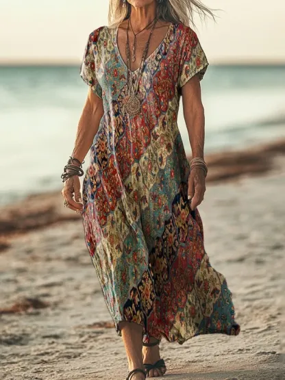 Women's Retro Colorful Floral Art Print Pocket Cotton Dress