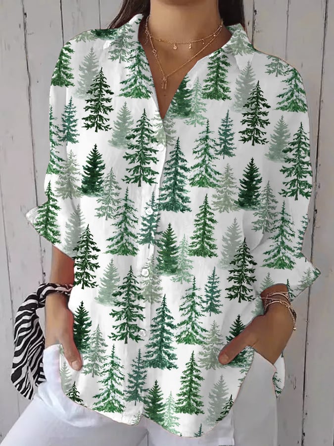 Women's Casual Retro Forest Animal Print Cotton And Linen Shirt(With Pockets)