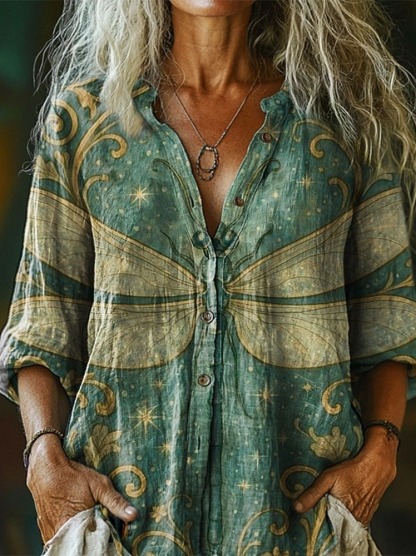 Women's Retro Dragonfly Green Print Casual Cotton Linen Shirt