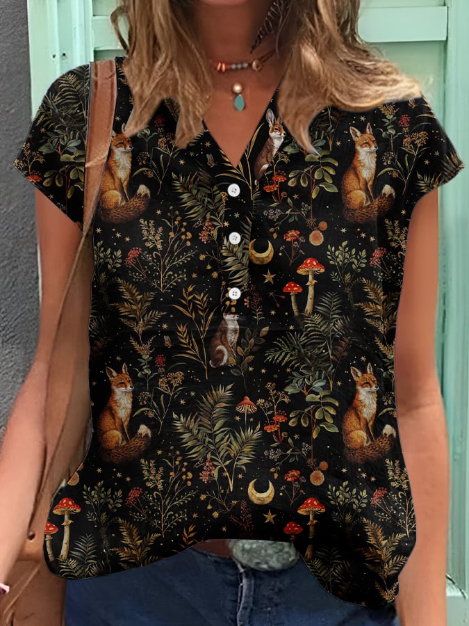 Women's Casual Retro Forest Animal Print Cotton And Linen Shirt