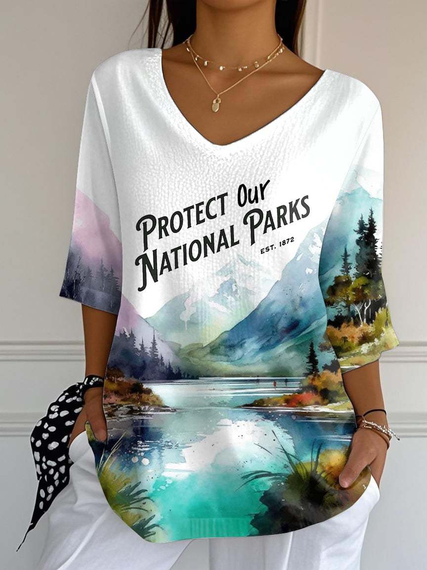 Women's Retro Protect Our National Parks Print Mid Sleeve T-Shirt
