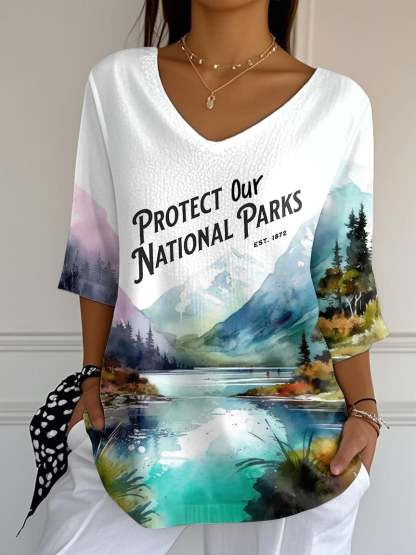 Women's Retro Protect Our National Parks Print Mid Sleeve T-Shirt