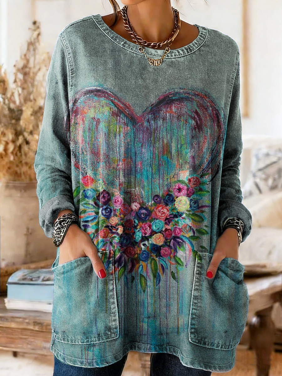 Women's Retro Heart Floral Art Print Casual Long Sleeve Round Neck Pocket Washed Cotton Denim T-Shirt