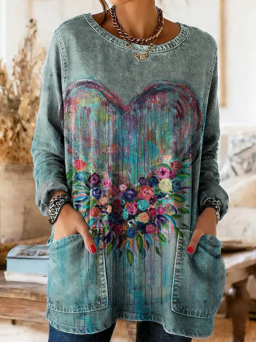 Women's Retro Heart Floral Art Print Casual Long Sleeve Round Neck Poc