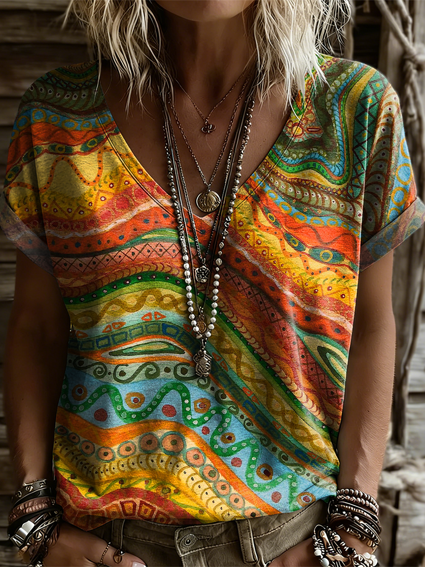 Women's Retro Colorful Art Print Casual Short-sleeve V-neck T-shirt