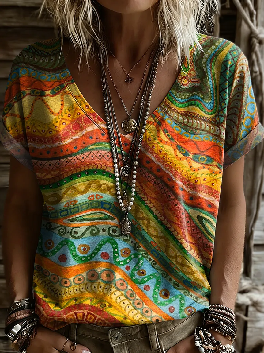 Women's Retro Colorful Art Print Casual Short-sleeve V-neck T-shirt