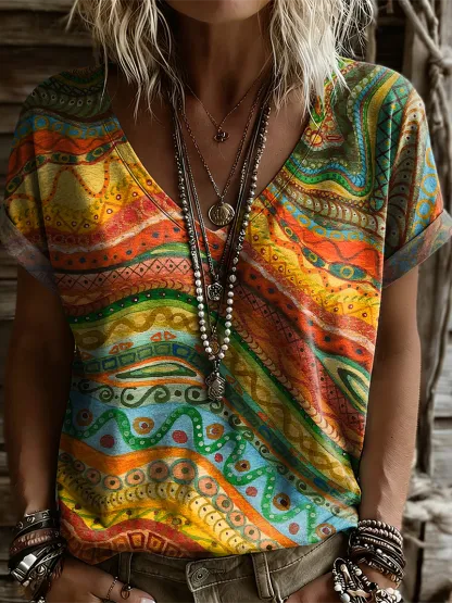 Women's Retro Colorful Art Print Casual Short-sleeve V-neck T-shirt