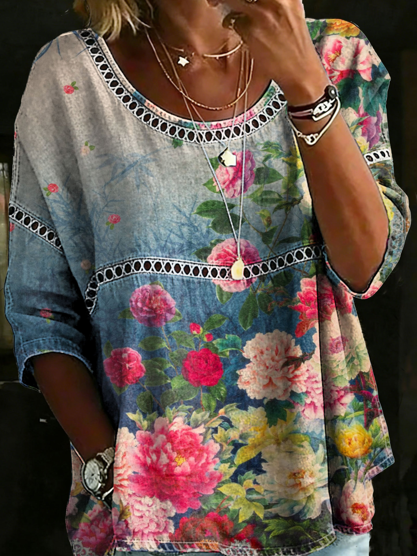 Women's Vintage Floral Casual Loose Denim Blouse Shirt