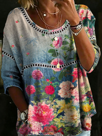 Women's Vintage Floral Casual Loose Denim Blouse Shirt