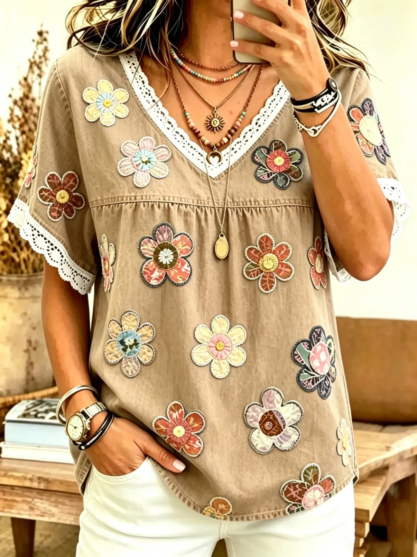 Women's Floral Patchwork Print Cotton Lace Trim V-Neck Blouse