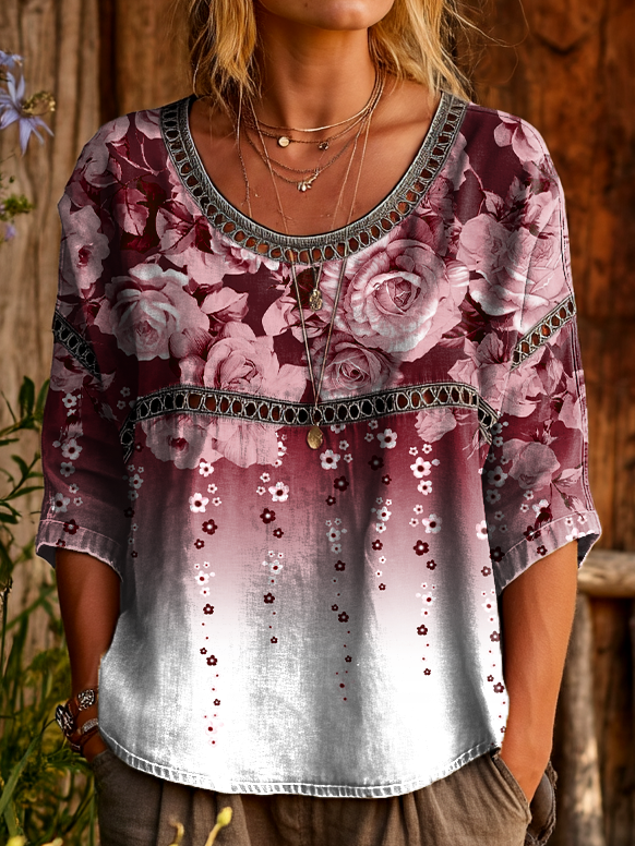 Womens Vintage Ethnic Red Gradient Floral Art Printed Casual Round Neck Cutout Top