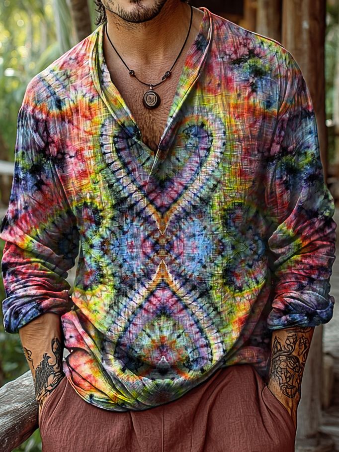 Men's Vintage Hippie Tie-dye Heart Art Print Cotton And Linen Casual Shirt