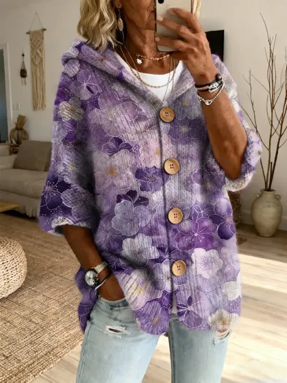 Ethnicity Colorful Flowers Women's Art Print Casual Hooded Cardigan Sweater