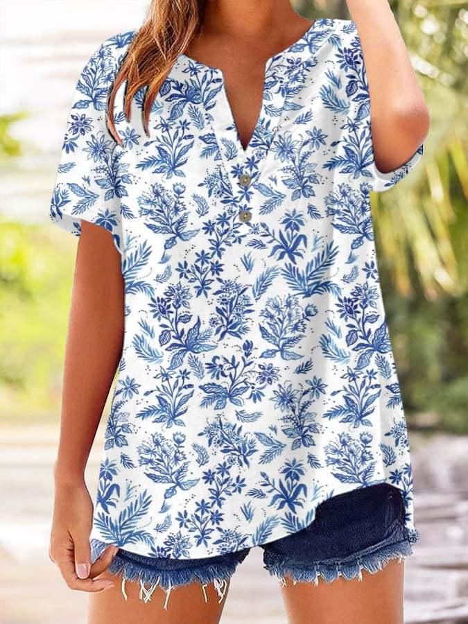Women's Vintage Botanical Floral Button Design V-Neck Short Sleeve Shi