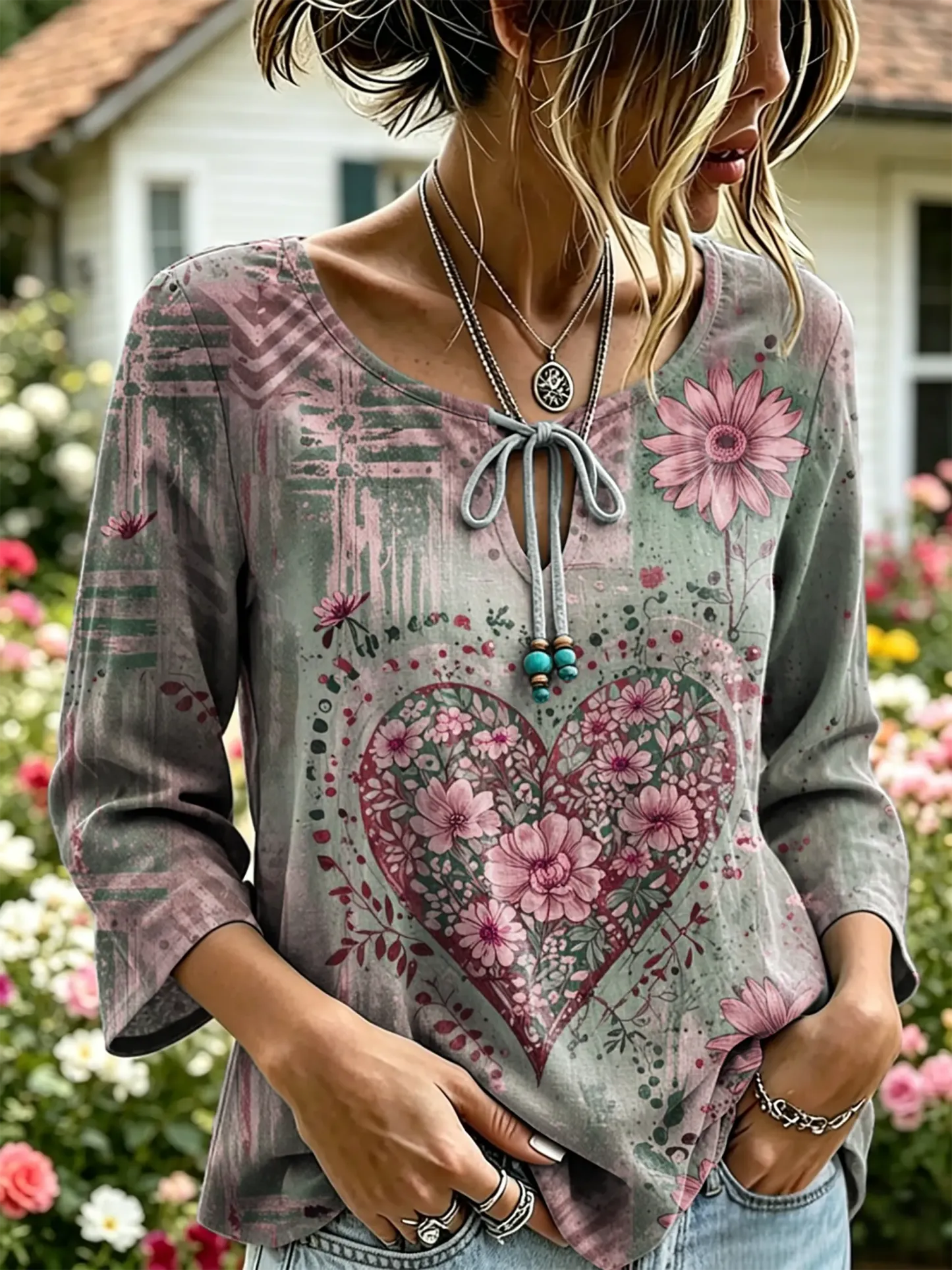 Women's Vintage Heart Floral Print Tie-Neck 3/4 Sleeve Top
