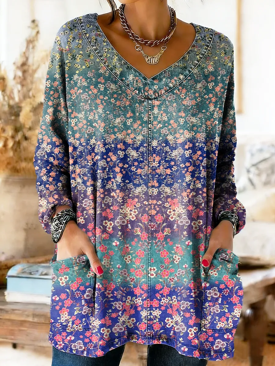 Women's Vintage Ethnic Gradient Floral Art Print Casual V-neck Pocket 