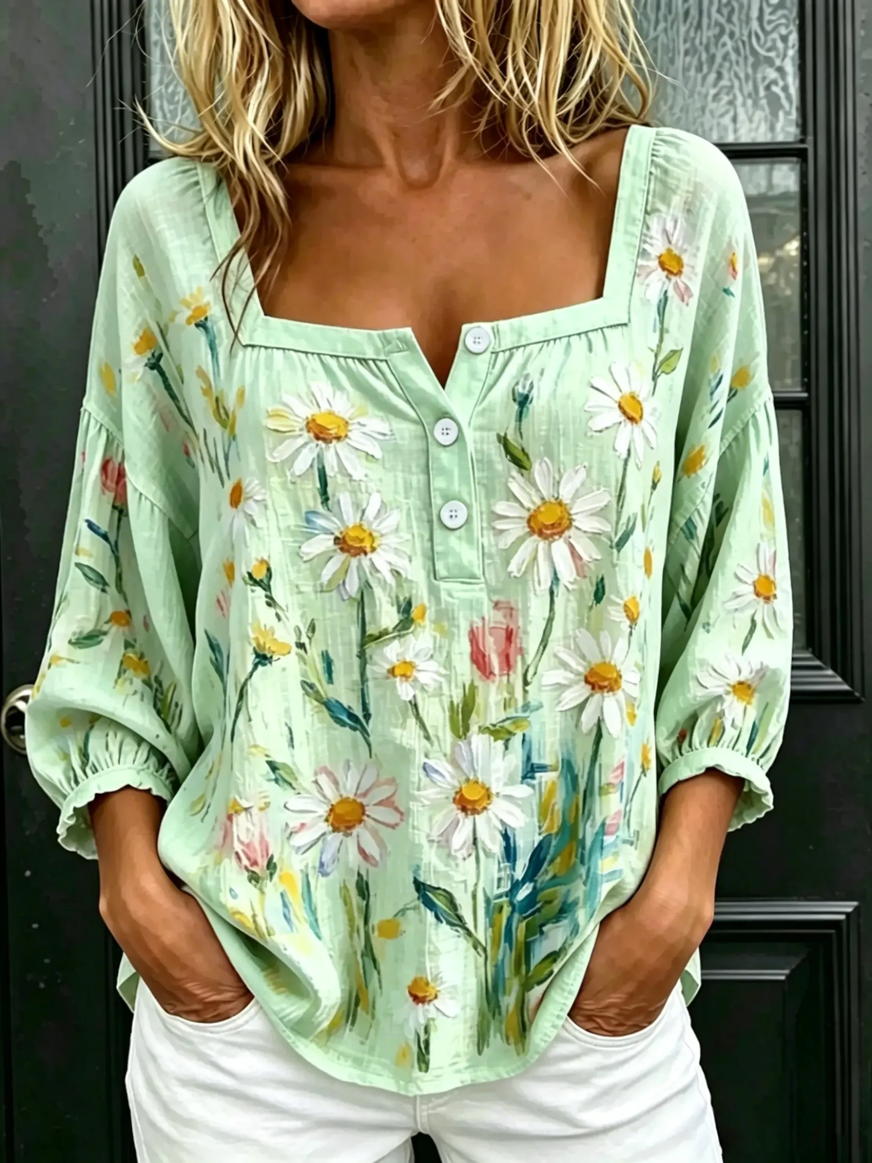 Women's Watercolor Daisy Floral Print Puff 3/4 Sleeve Blouse