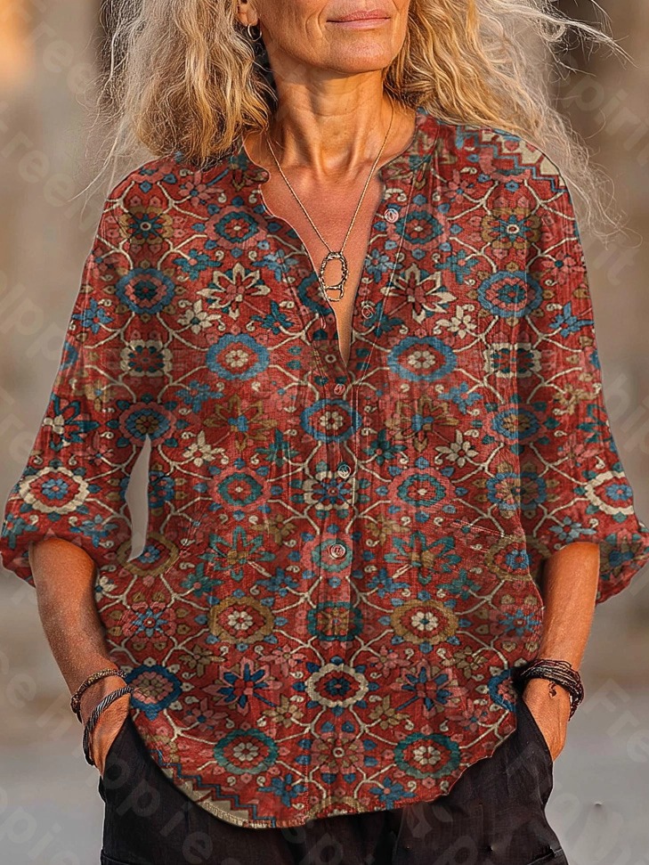 Women's Vintage Red Ethnic Floral Art Print Casual Cotton-Linen Blend Shirt