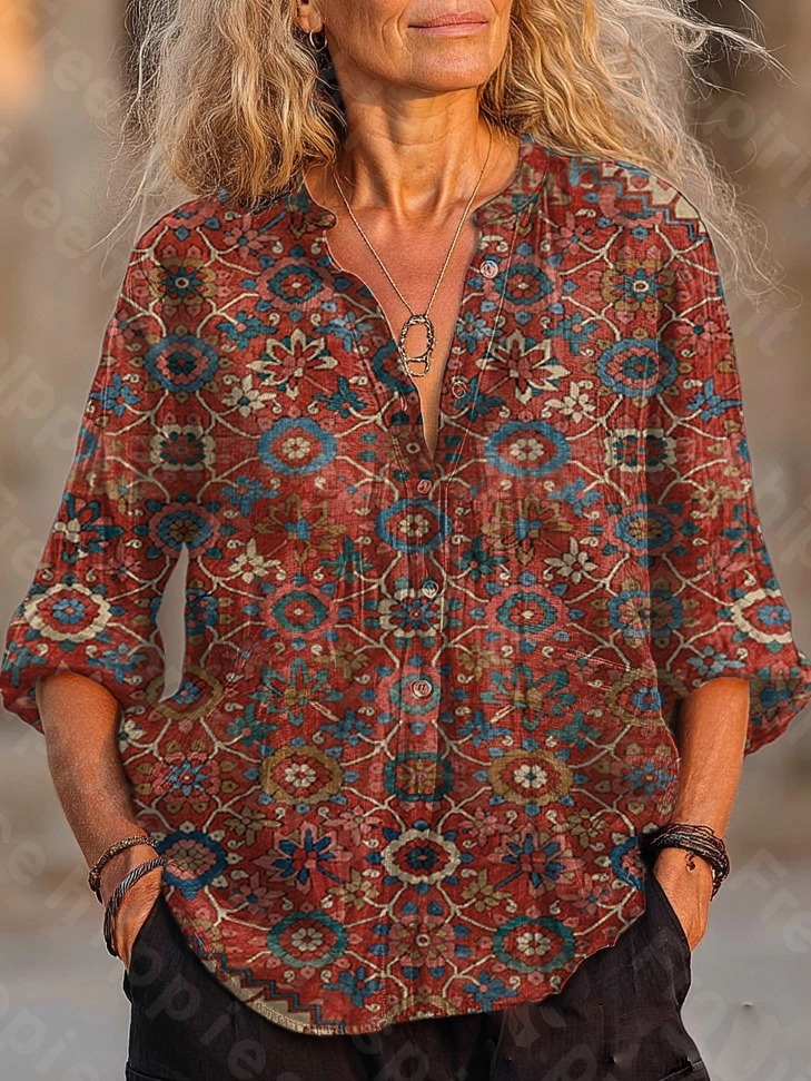 Women's Vintage Red Ethnic Floral Art Print Casual Cotton-Linen Blend 