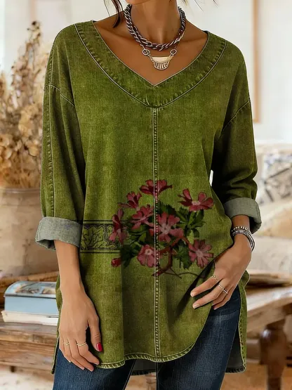 Retro Ethnic Floral Pattern Art Print Casual Washed Denim Cotton Top