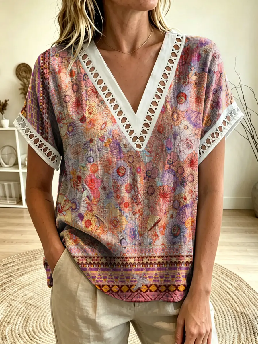 Women's Watercolor Floral Ethnic Print V-Neck Cutout Trim Short Sleeve Top