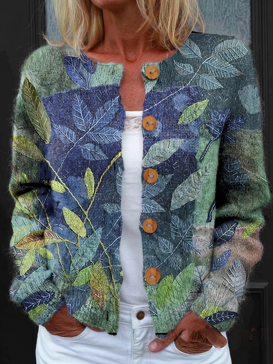 Women's Leaf Print Round Neck Cardigan Sweater