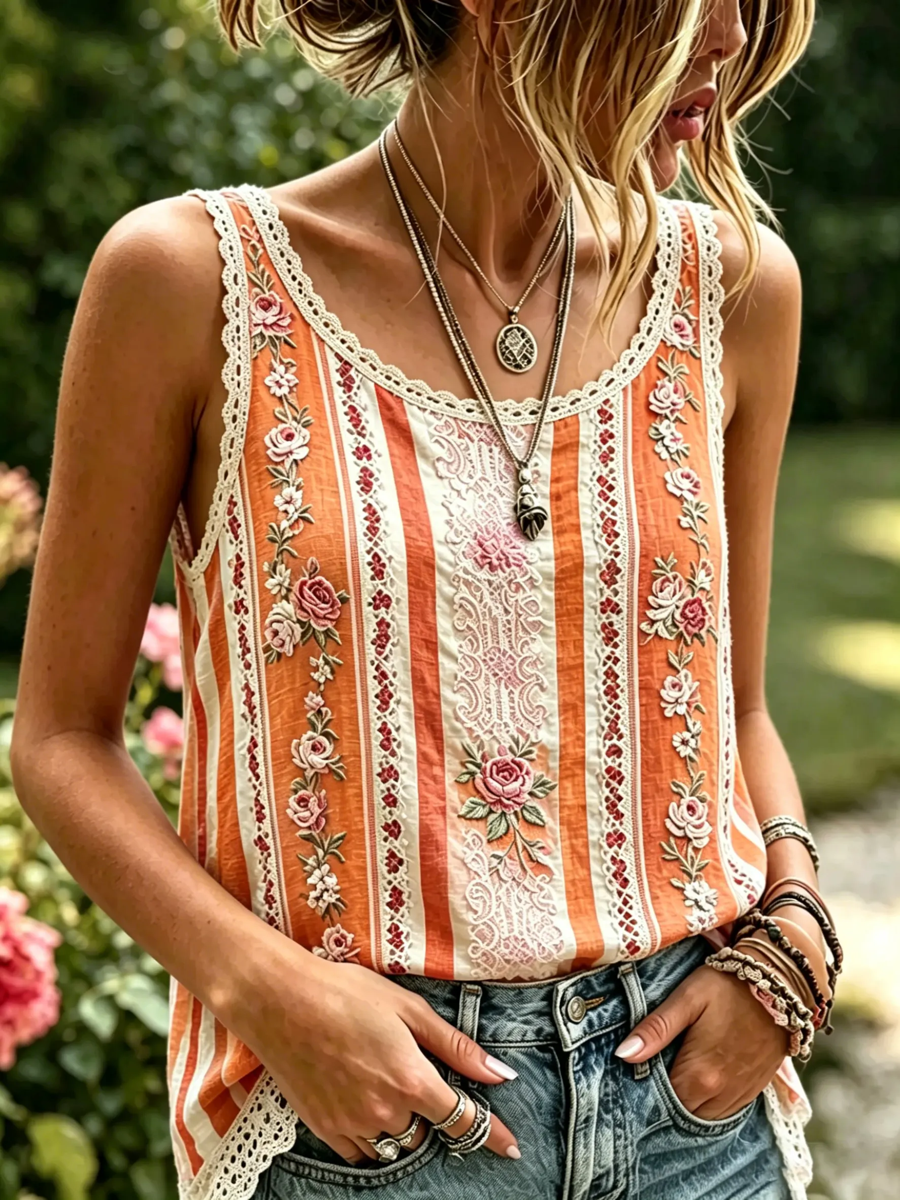 Women's Stripe Floral Print Cotton Lace Trim Sleeveless Tank Top