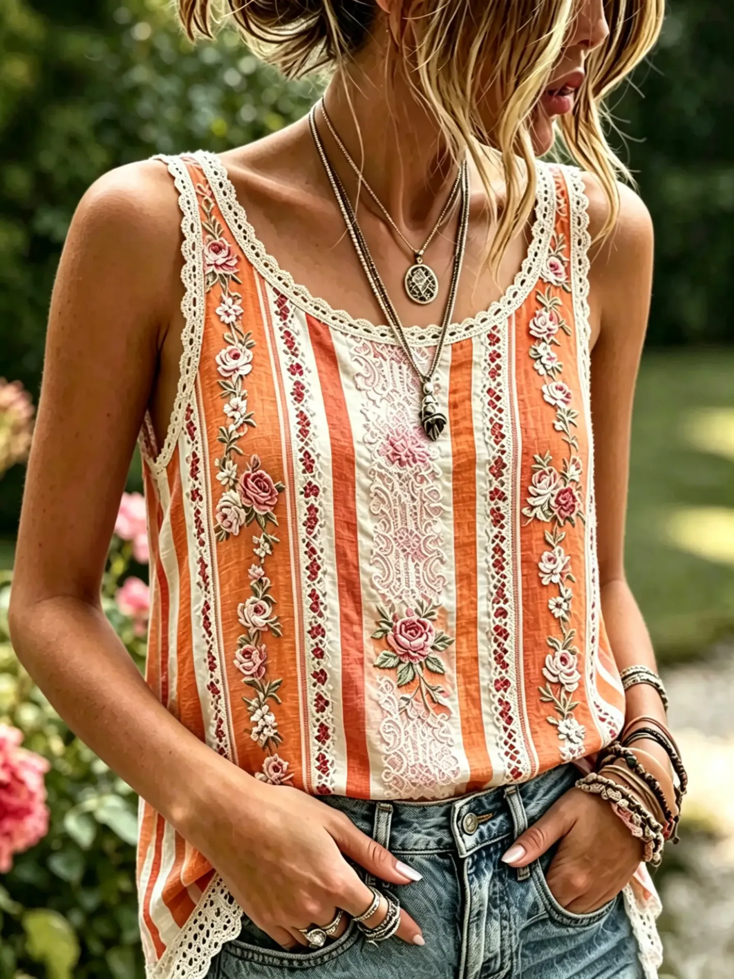 Women's Stripe Floral Print Cotton Lace Trim Sleeveless Tank Top